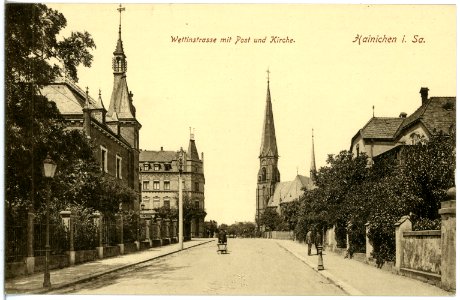 19658-Hainichen-1915-Wettiner Straße mit Post und Kirche-Brück & Sohn Kunstverlag