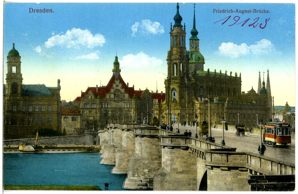 19123-Dresden-1915-Friedrich-August-Brücke, Schloß, Hofkirche-Brück & Sohn Kunstverlag