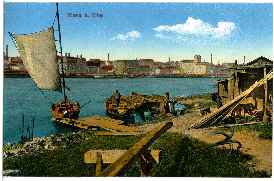19390-Riesa-1915-Blick auf Riesa mit Elbe und Booten-Brück & Sohn Kunstverlag