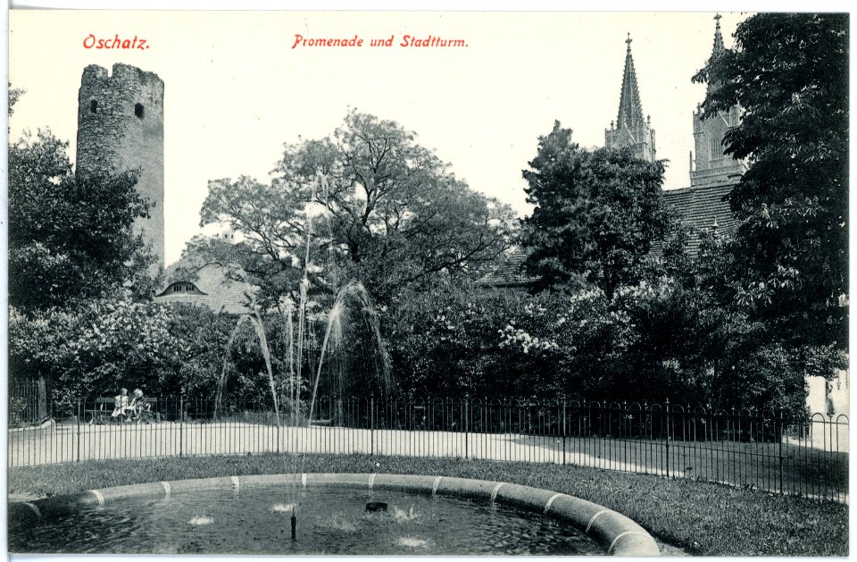 19270-Oschatz-1915-Promenade und Stadtturm-Brück & Sohn Kunstverlag