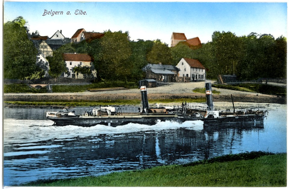 19457-Belgern-1915-Blick auf Belgern - Elbe mit Schlepper Adler-Brück & Sohn Kunstverlag