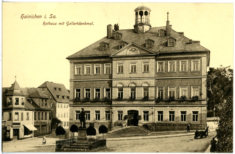 19665-Hainichen-1915-Rathaus mit Gellertdenkmal-Brück & Sohn Kunstverlag