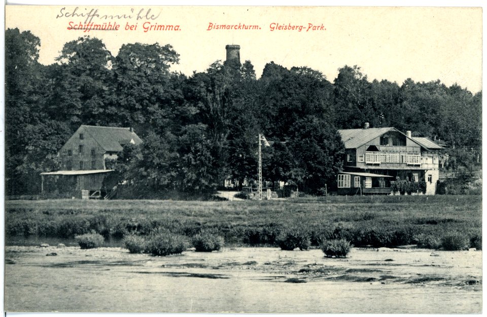 19487-Grimma-1915-Schiffmühle, Bismarckturm und Gleisberg-Park-Brück & Sohn Kunstverlag