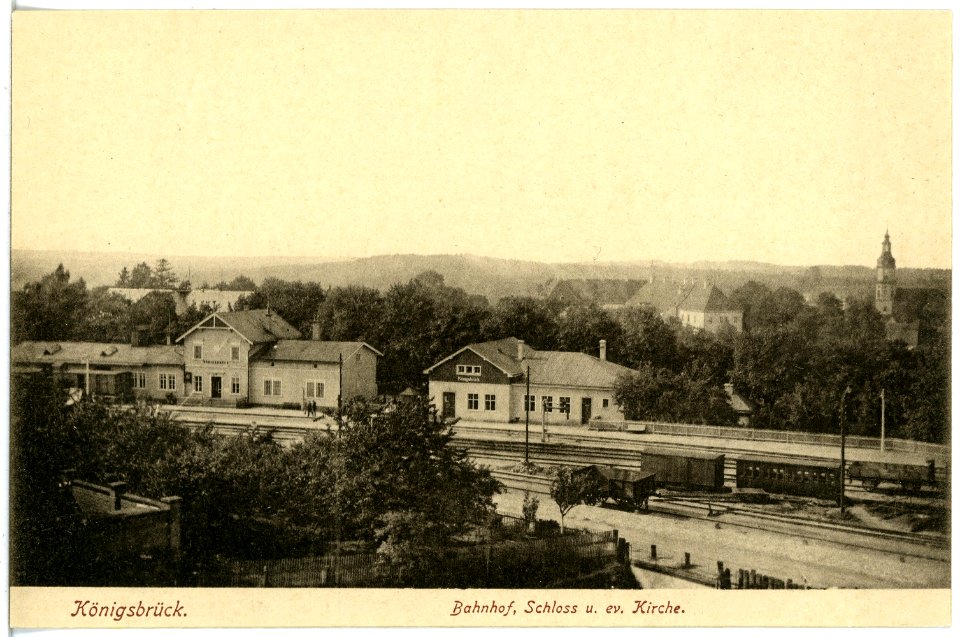19468-Königsbrück-1915-Bahnhof, Schloß und evangelische Kirche-Brück & Sohn Kunstverlag
