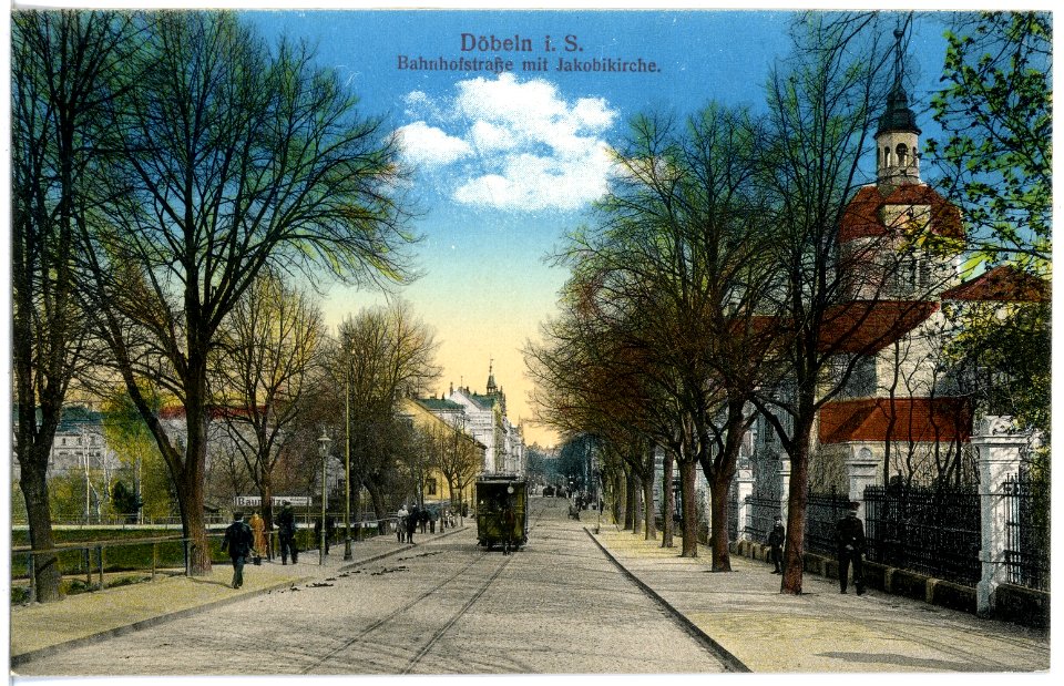 19176-Döbeln-1915-Bahnhofstraße mit Jakobikirche-Brück & Sohn Kunstverlag