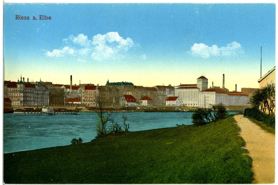 19391-Riesa-1915-Blick über die Elbe mit Dampfer König Georg auf Riesa-Brück & Sohn Kunstverlag