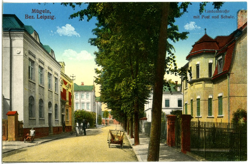 19554-Mügeln-1915-Lindenstraße mit Post und Schule-Brück & Sohn Kunstverlag