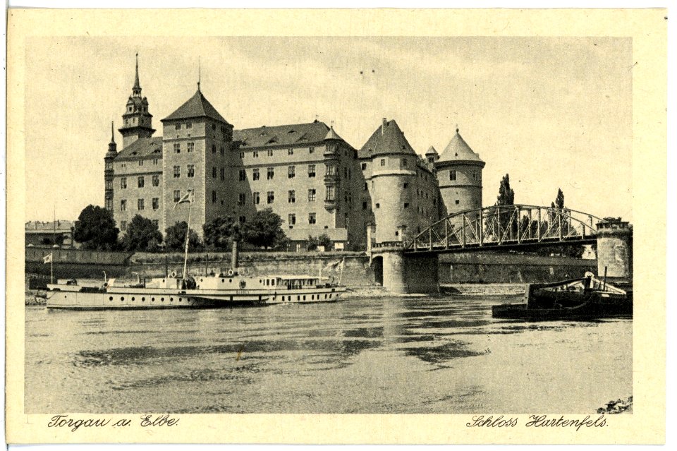 21490-Torgau-1920-Schloß Hartenfels - Elbe mit Brücke und Dampfer-Brück & Sohn Kunstverlag