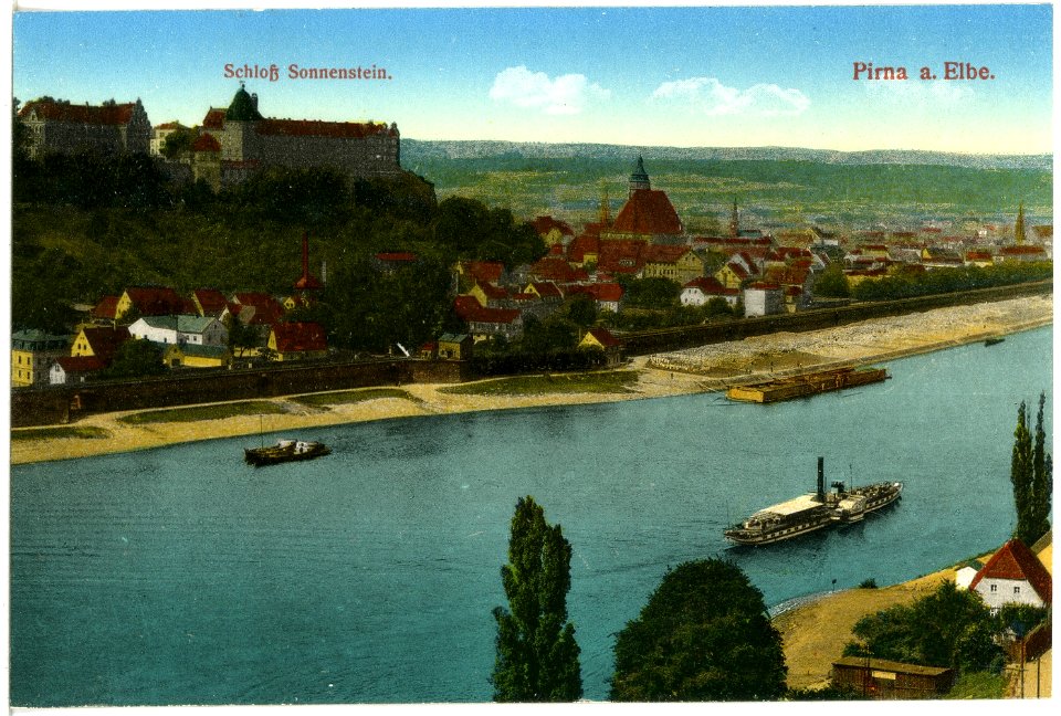 19534-Pirna-1915-Schloß Sonnenstein mit Elbe und Dampfer-Brück & Sohn Kunstverlag