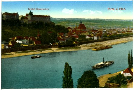 19534-Pirna-1915-Schloß Sonnenstein mit Elbe und Dampfer-Brück & Sohn Kunstverlag