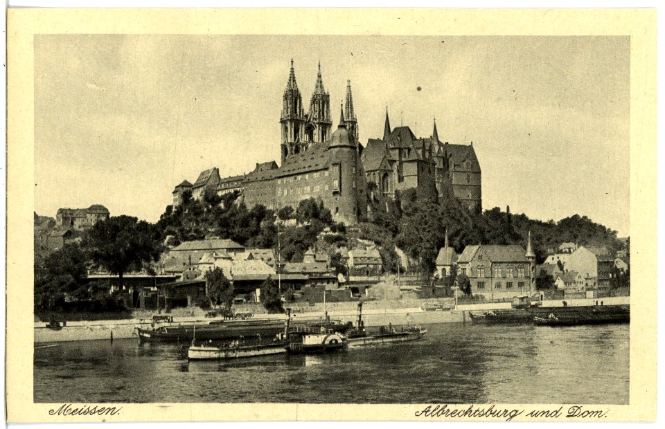 21497-Meißen-1920-Albrechtsburg und Dom - Elbe mit Schleppzug-Brück & Sohn Kunstverlag