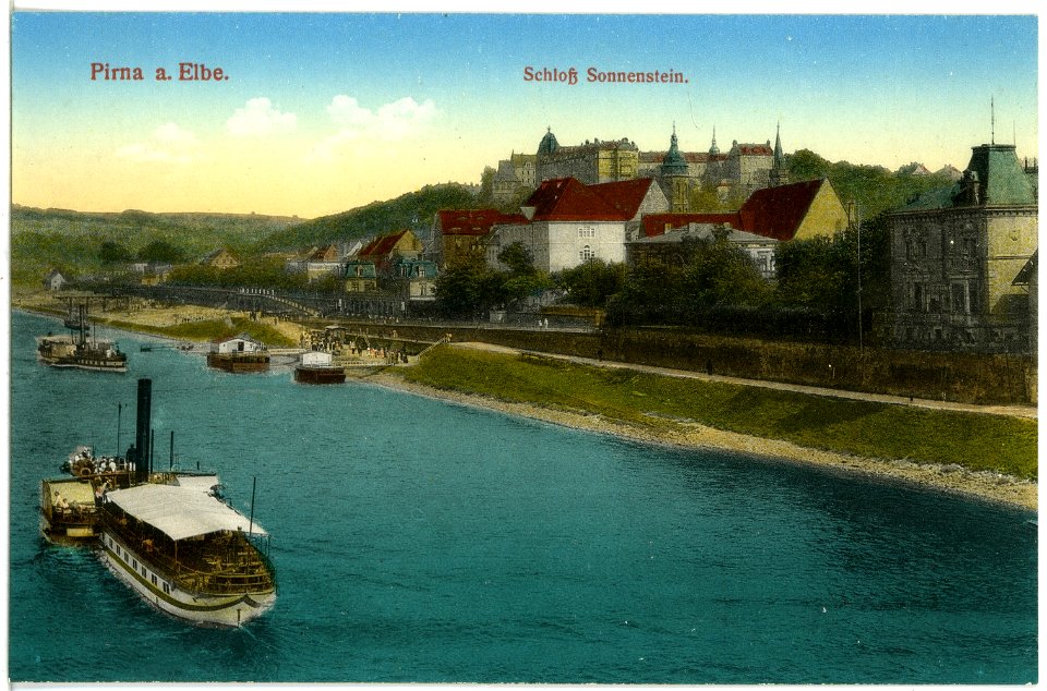 19530-Pirna-1915-Schloß Sonnenstein mit Elbe und Dampfer-Brück & Sohn Kunstverlag