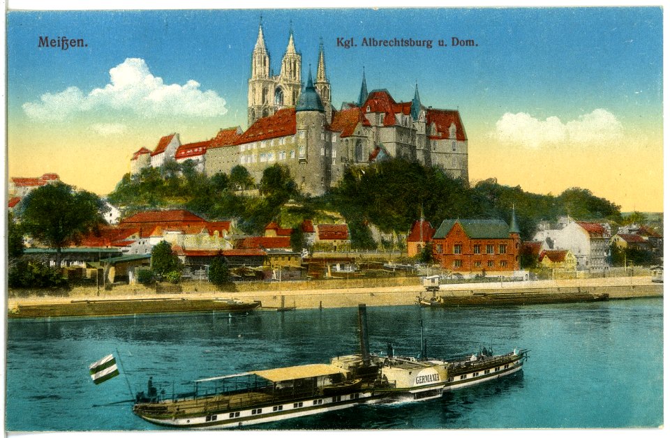 19048-Meißen-1915-Albrechtsburg und Dom - Elbe mit Dampfer Germania-Brück & Sohn Kunstverlag