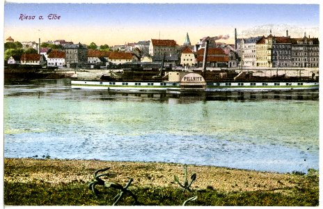 21574-Riesa-1920-Blick auf Riesa - Elbe mit Dampfer Pillnitz-Brück & Sohn Kunstverlag