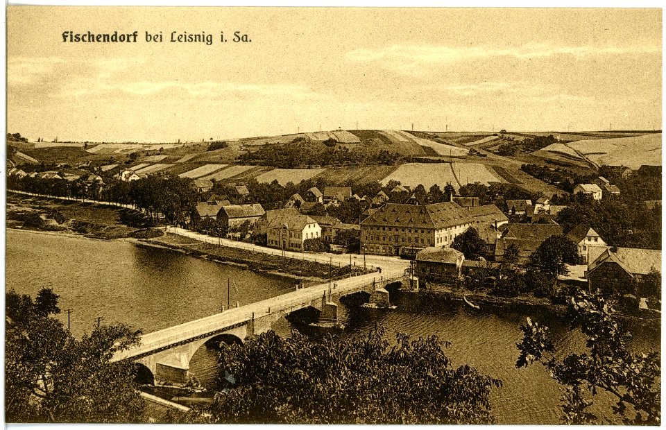 19423-Fischendorf-1915-Blick auf Fischendorf mit Muldenbrücke-Brück & Sohn Kunstverlag