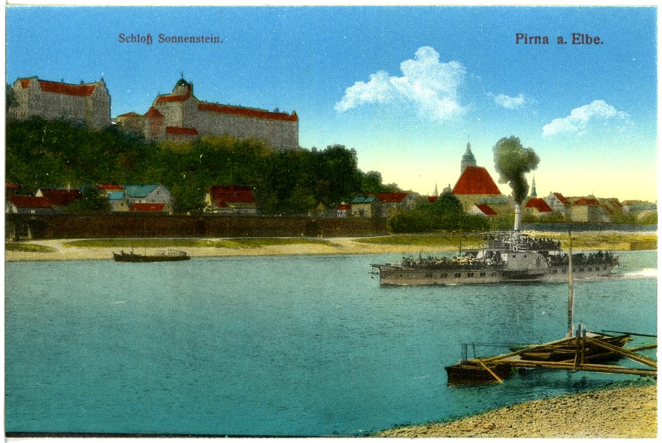19535-Pirna-1915-Schloß Sonnenstein mit Elbe und Dampfer König Albert-Brück & Sohn Kunstverlag