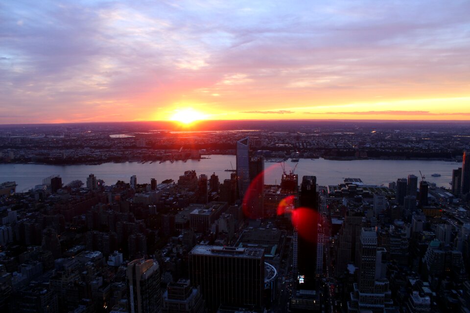 Sunset river skyscrapers