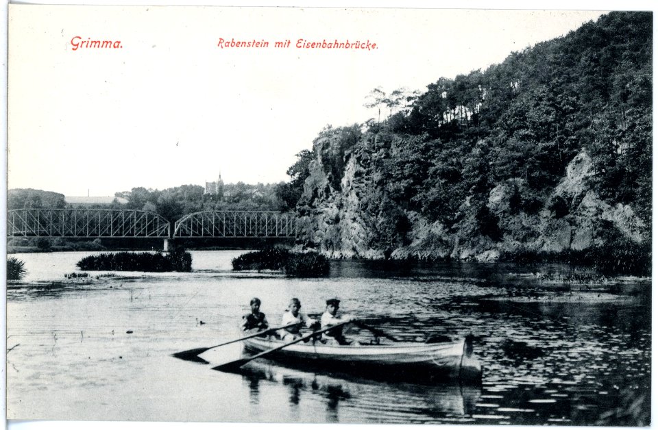 19488-Grimma-1915-Rabenstein mit Eisenbahnbrücke und Ruderboot-Brück & Sohn Kunstverlag