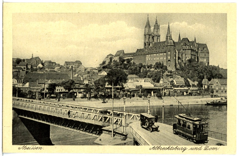 21496-Meißen-1920-Albrechtsburg und Dom - Elbbrücke mit Straßenbahn-Brück & Sohn Kunstverlag