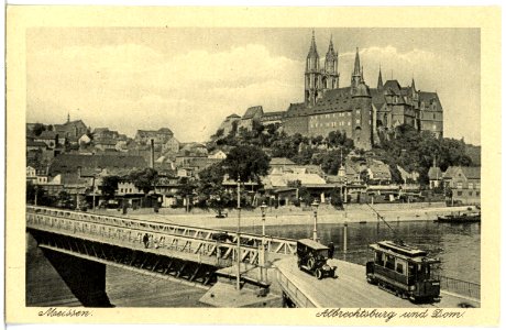 21496-Meißen-1920-Albrechtsburg und Dom - Elbbrücke mit Straßenbahn-Brück & Sohn Kunstverlag