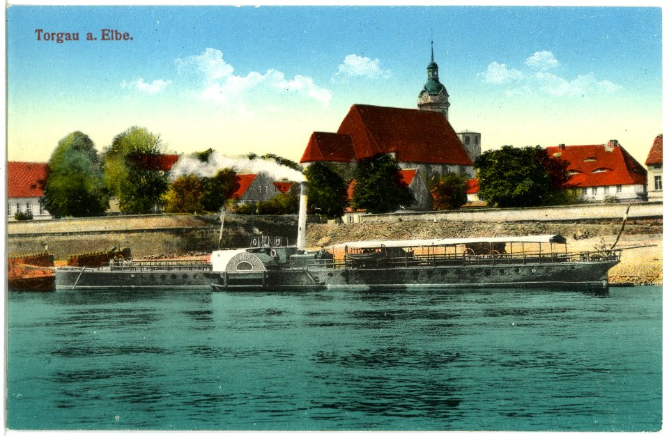 19774-Torgau-1915-Blick auf Torgau und die Elbe mit Dampfer Admiral-Brück & Sohn Kunstverlag
