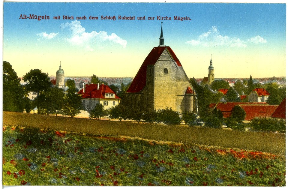 19556-Mügeln-1915-Altmügeln, Schloß Ruhetal, Kirche-Brück & Sohn Kunstverlag