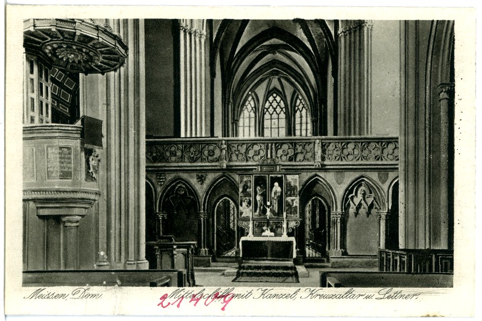 21409-Meißen-1919-Dom - Mittelschiff, Kanzel, Kreuzaltar und Lettner-Brück & Sohn Kunstverlag
