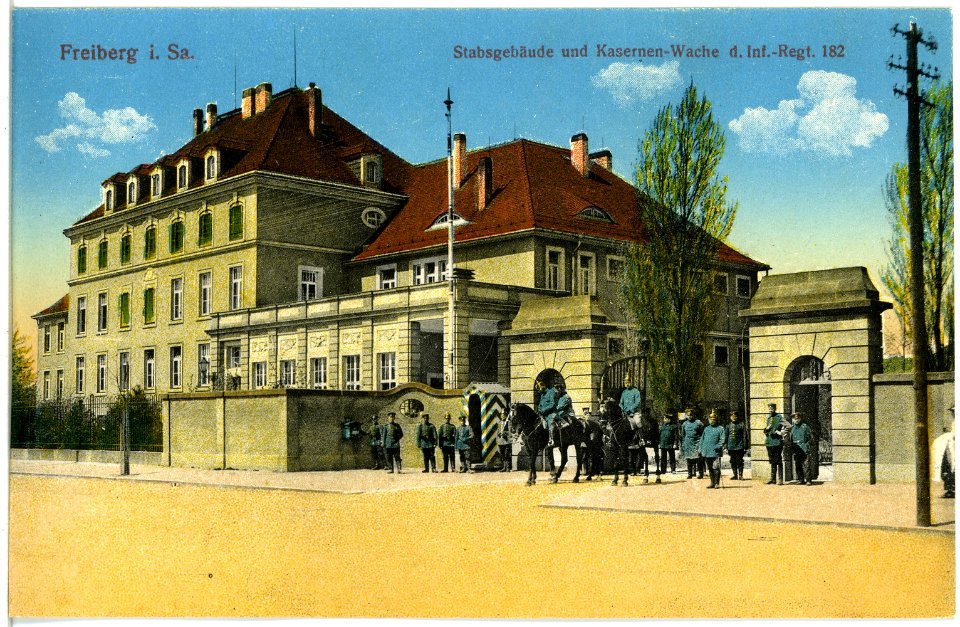19407-Freiberg-1915-Stahlgebäude und Kaserne-Wache Infanterie-Regiment Nr. 182-Brück & Sohn Kunstverlag