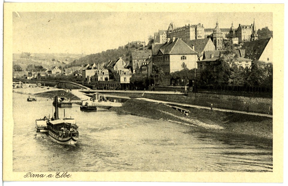 21486-Pirna-1920-Blick zum Sonnenstein - Elbe mit Dampfer-Brück & Sohn Kunstverlag