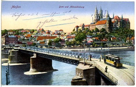 21563-Meißen-1920-Albrechtsburg und Dom - Elbbrücke mit Straßenbahn-Brück & Sohn Kunstverlag