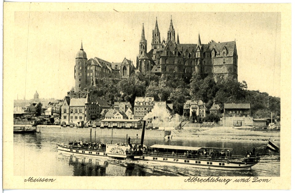 21495-Meißen-1917-Albrechtsburg und Dom - Elbe mit Dampfer König Georg-Brück & Sohn Kunstverlag