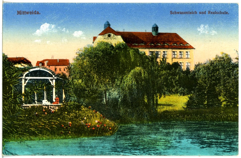 21007-Mittweida-1918-Schwanenteich und Realschule-Brück & Sohn Kunstverlag