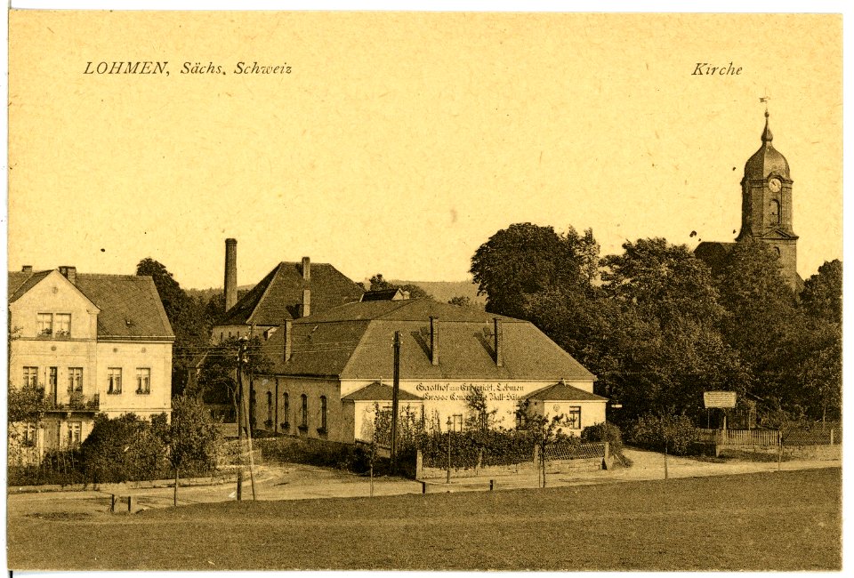 21674-Lohmen-1920-Gasthof mit Kirche-Brück & Sohn Kunstverlag