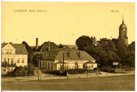 21674-Lohmen-1920-Gasthof mit Kirche-Brück & Sohn Kunstverlag