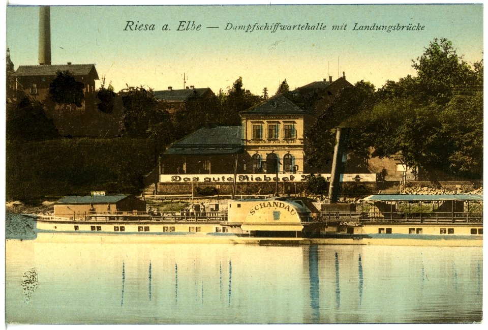 21736-Riesa-1920-Dampfschiff-Wartehalle mit Dampfer Schandau-Brück & Sohn Kunstverlag