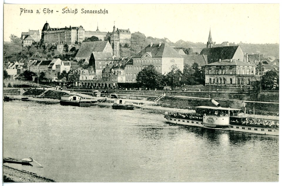 20594-Pirna-1917-Schloß Sonnenstein - Elbe mit Dampfer-Brück & Sohn Kunstverlag
