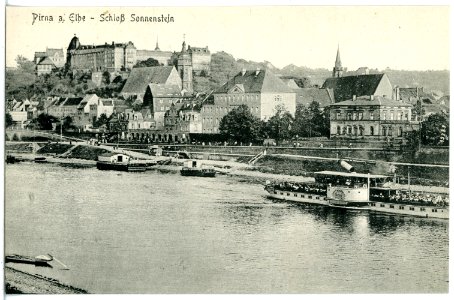 20594-Pirna-1917-Schloß Sonnenstein - Elbe mit Dampfer-Brück & Sohn Kunstverlag