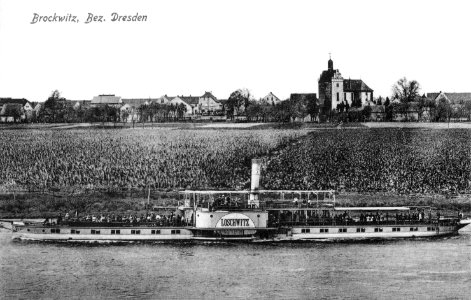 20916-Brockwitz-1918-Blick auf Brockwitz - Elbe mit Dampfer Loschwitz-Brück & Sohn Kunstverlag