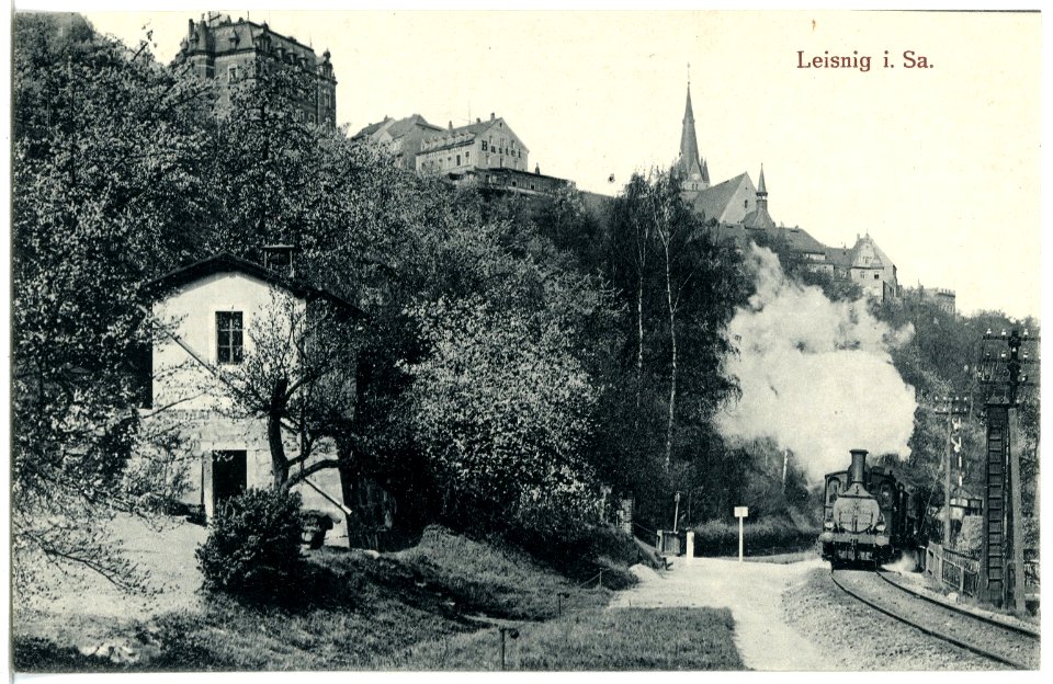 20556-Leisnig-1917-Partie an der Bahn, Dampflok in Fahrt-Brück & Sohn Kunstverlag