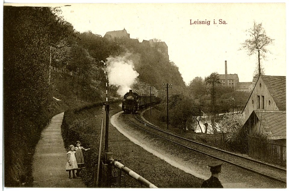 20555-Leisnig-1917-Partie an der Bahn, Güterzug-Brück & Sohn Kunstverlag