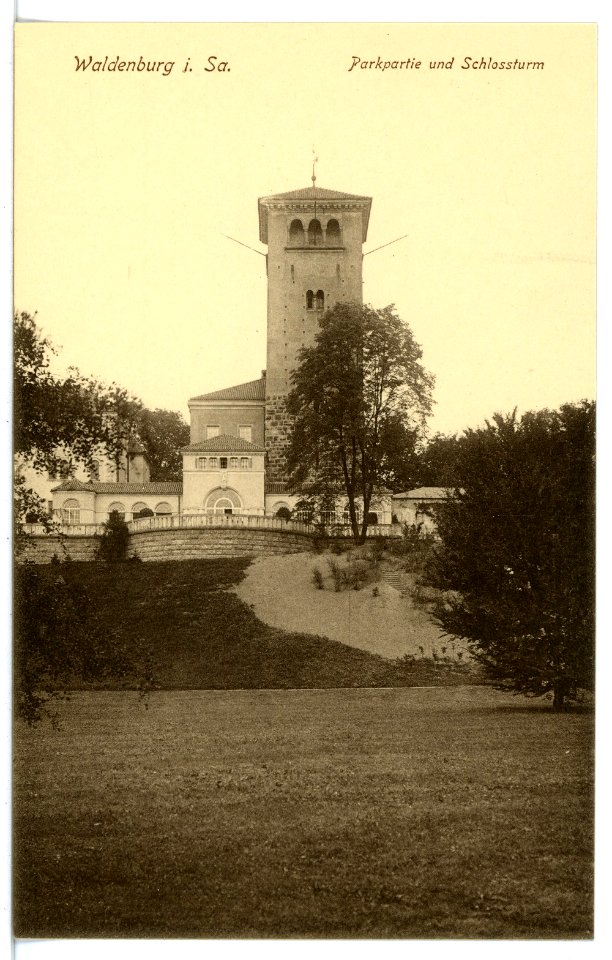 16483-Waldenburg-1913-Parkpartie und Schloßturm-Brück & Sohn Kunstverlag