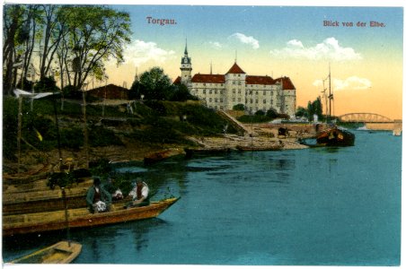 16605-Torgau-1913-Schloß Hartenfels mit Elbe und Fischerbooten-Brück & Sohn Kunstverlag