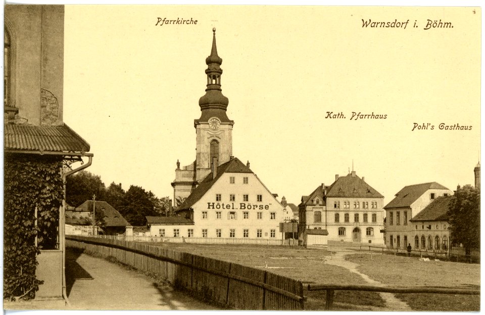 17263-Warnsdorf-1914-Pfarrkirche, Pfarrhaus, Hotel Börse-Brück & Sohn Kunstverlag