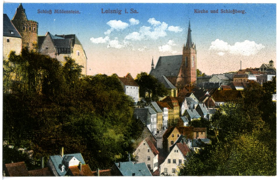 17385-Leisnig-1914-Schloß Mildenstein, Kirche und Schloßberg-Brück & Sohn Kunstverlag