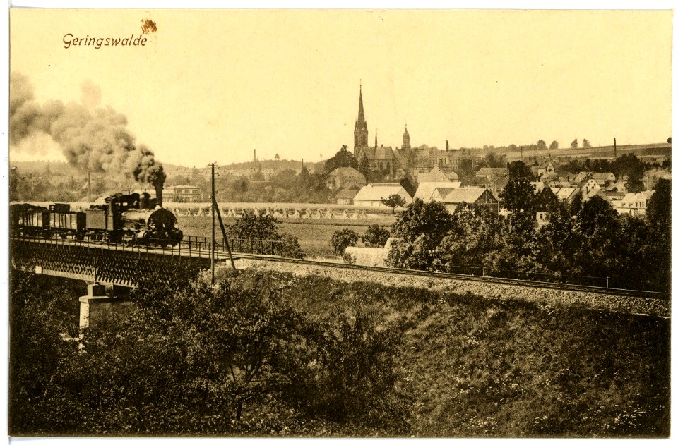 16615-Geringswalde-1913-Blick auf Geringswalde - Eisenbahnbrücke mit Güterzug-Brück & Sohn Kunstverlag