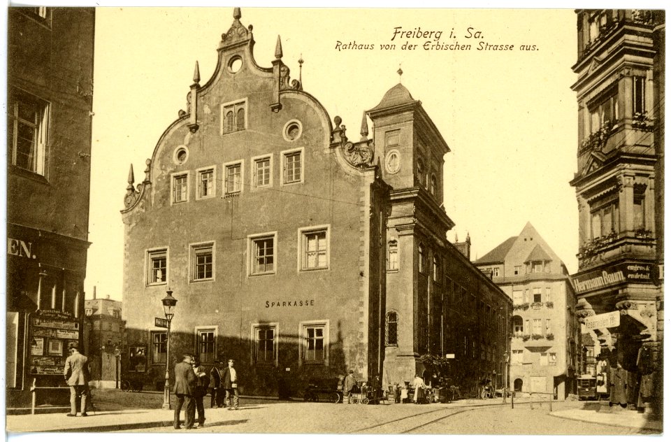 17276-Freiberg-1914-Rathaus und Erbische Straße-Brück & Sohn Kunstverlag