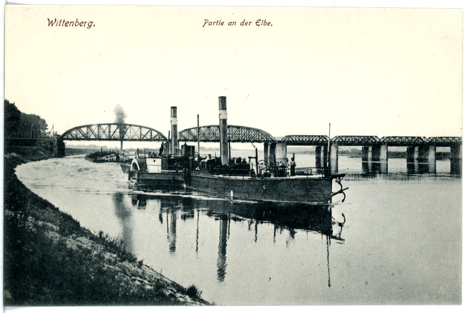 16821-Wittenberg-1913-Elbe mit Brücke und Schleppzug-Brück & Sohn Kunstverlag