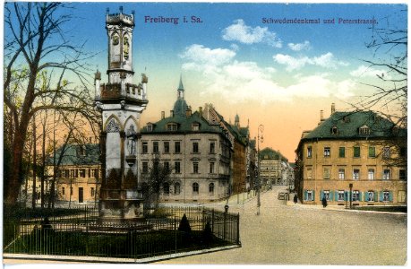 16535-Freiberg-1913-Schwedendenkmal und Peterstraße-Brück & Sohn Kunstverlag