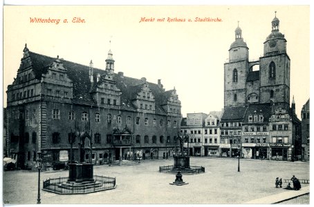 16819-Wittenberg-1913-Markt mit Rathaus und Stadtkirche-Brück & Sohn Kunstverlag