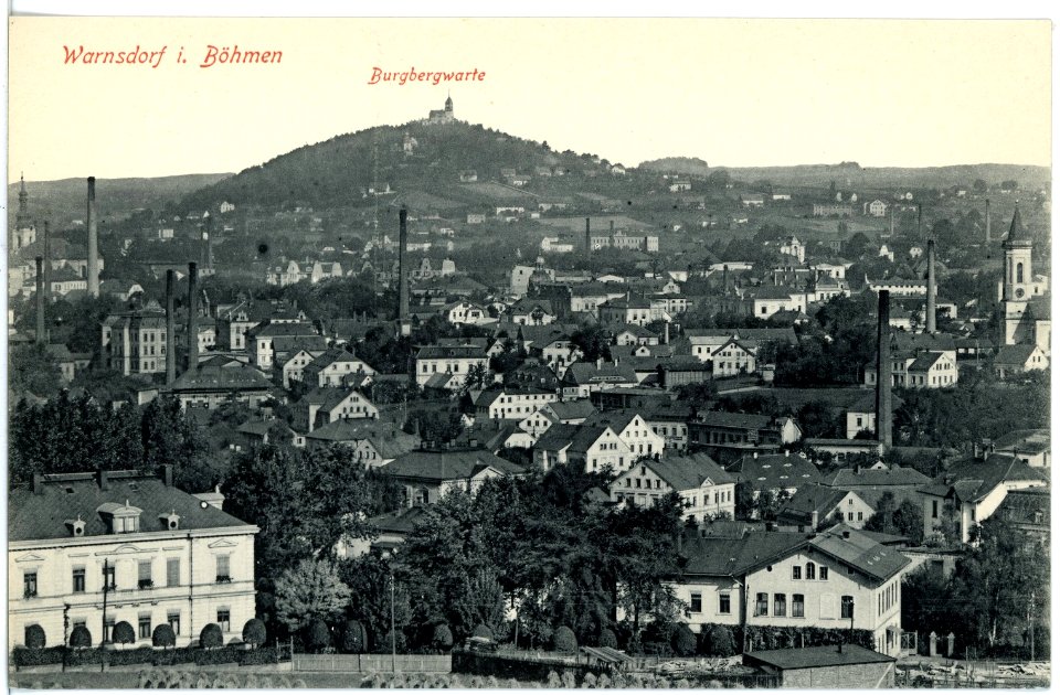 16905-Warnsdorf-1913-Blick auf Warnsdorf und die Burgbergwarte-Brück & Sohn Kunstverlag